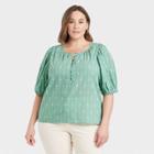 Women's Plus Size Puff Elbow Sleeve Button-down Blouse - Universal Thread Green