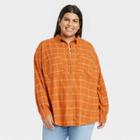 Women's Plus Size Long Sleeve Button-down Flannel Tunic Shirt - Ava & Viv Copper Plaid X, Brown Plaid
