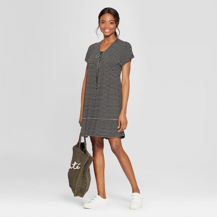 Women's Striped Short Sleeve Babydoll Tie Front Dress - 3hearts (juniors') Black/white Xl, Off-white Black