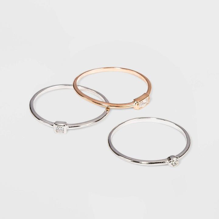 Sterling Silver With Cubic Zirconia Two Toned Modern Multi Shape Stacking Ring Set 3pc - A New Day Silver 7, Women's, Clear