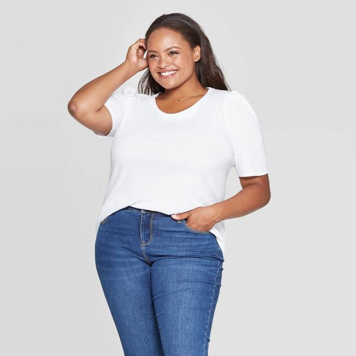 Women's Plus Size Half Sleeve Crewneck Ribbed Puff Top - Ava & Viv White
