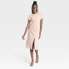 Women's Short Sleeve Side Ruched Knit Dress - A New Day Beige