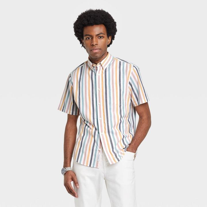 Men's Striped Standard Fit Short Sleeve Button-down Shirt - Goodfellow & Co White/multi