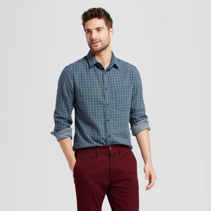 Men's Standard Fit Long Sleeve Double Weave Shirt - Goodfellow & Co Blue