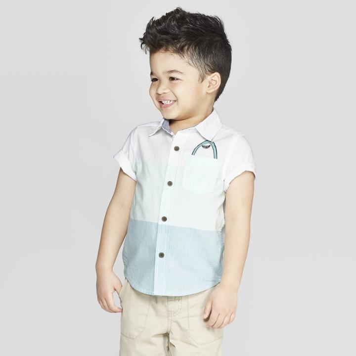 Toddler Boys' Poplin Colorblock Button-down Shirt - Cat & Jack Aqua