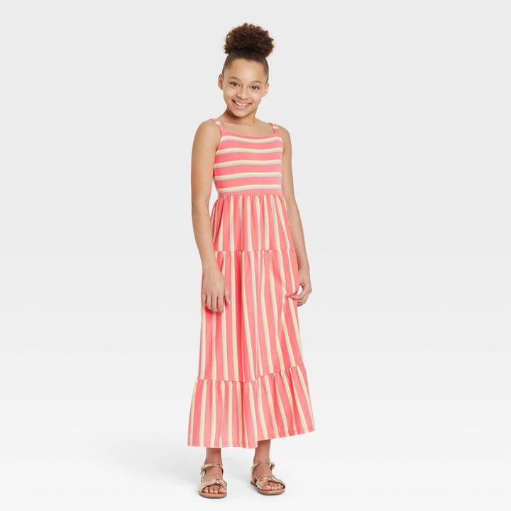 Girls' Tiered Knit Maxi Sleeveless Dress - Cat & Jack Medium Coral