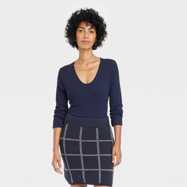 Women's Long Sleeve Ribbed Scoop Neck T-shirt - A New Day Navy