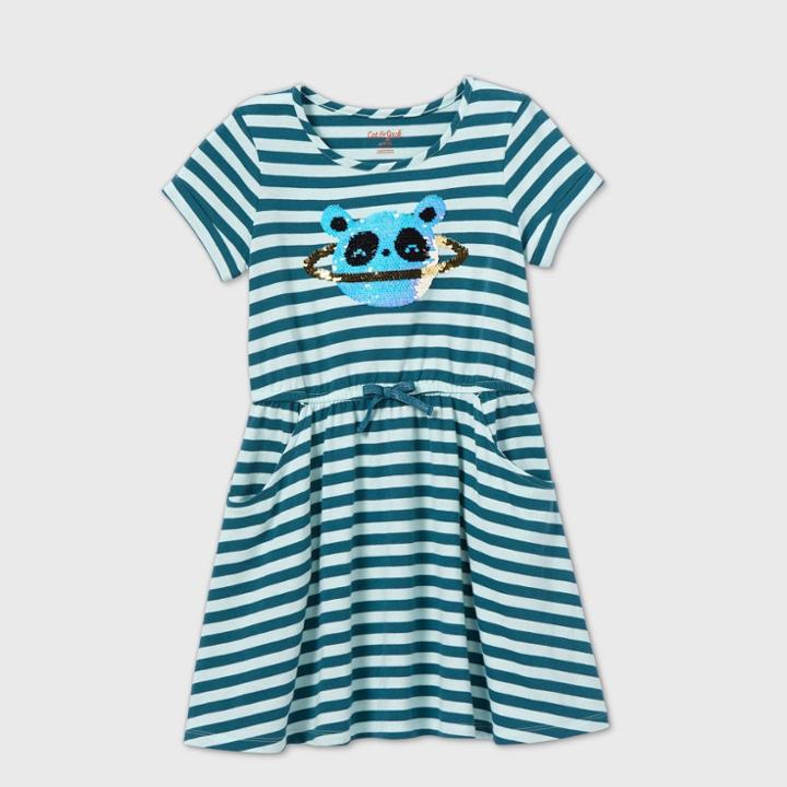 Girls' Flip Sequin Panda Striped Knit Dress - Cat & Jack Teal/mint