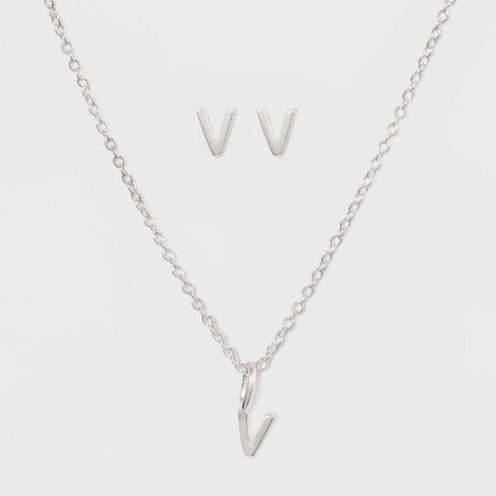 Sterling Silver Initial V Earrings And Necklace Set - A New Day Silver, Girl's,