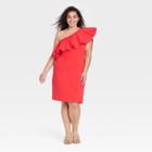 Women's Plus Size One Shoulder Ruffle Sleeveless Dress - A New Day Red