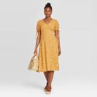 Women's Floral Print Puff Short Sleeve Button-front Dress - Universal Thread Yellow
