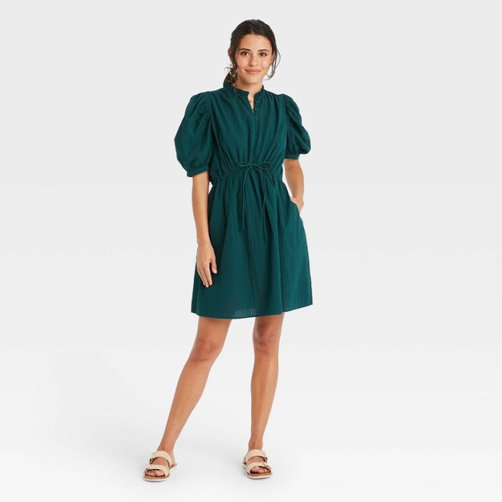 Women's Puff Elbow Sleeve Seersucker Dress - A New Day Teal