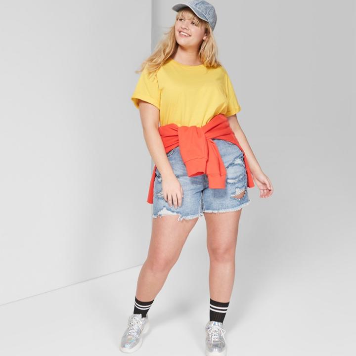 Women's Plus Size High-rise Destructed Relaxed Longer Length Jean Shorts - Wild Fable Medium Blue Wash