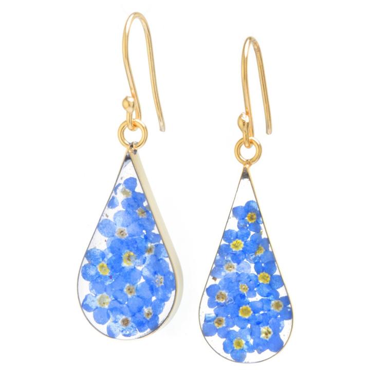 Distributed By Target Women's Gold Over Sterling Silver Blue Pressed Flowers Teardrop Earrings