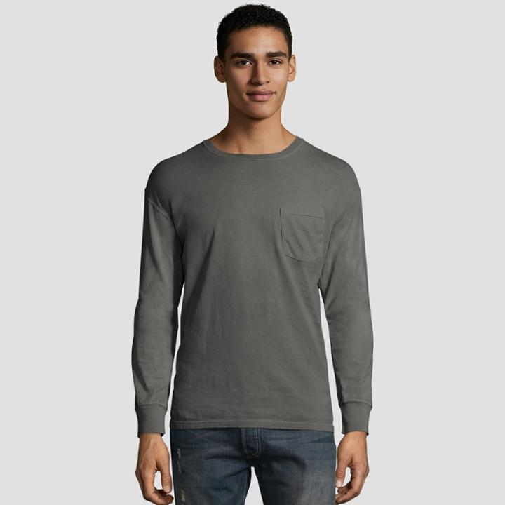 Hanes Men's Long Sleeve 1901 Garment Dyed Pocket T-shirt - Railroad Gray Heather