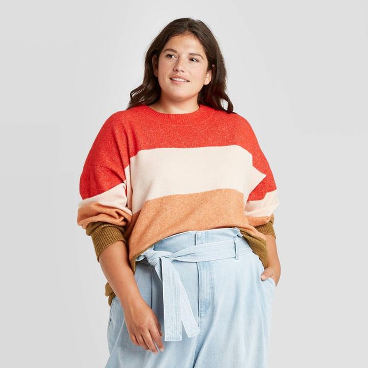 Women's Plus Size Colorblock Slouchy Crewneck Pullover Sweater - A New Day Red/white/brown