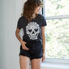 Fifth Sun Women's Lace Skull Short Sleeve Graphic T-shirt - Black
