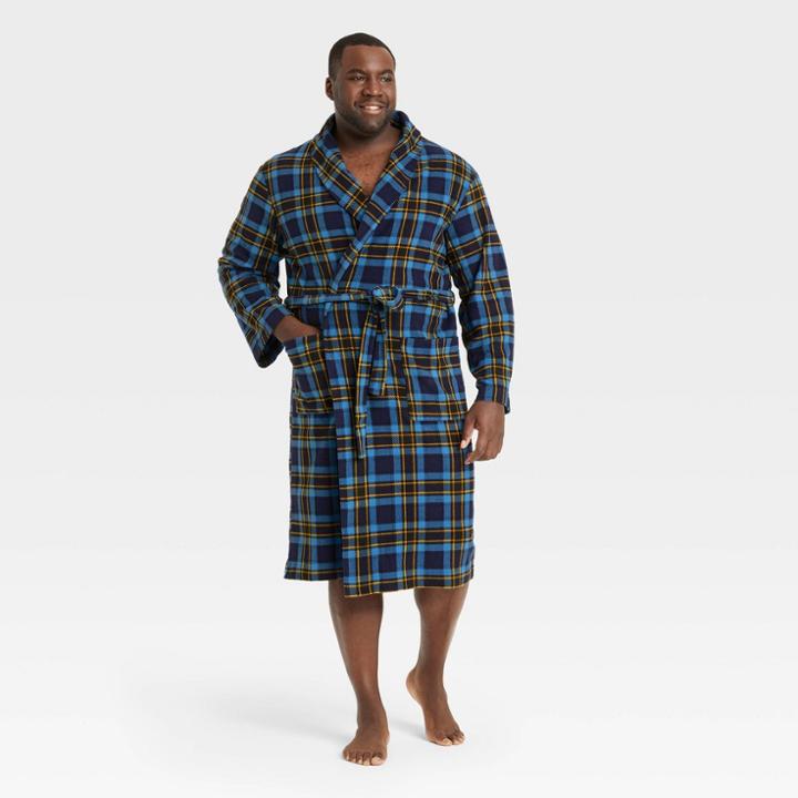 Men's Big & Tall Plaid Microfleece Robe - Goodfellow & Co Navy