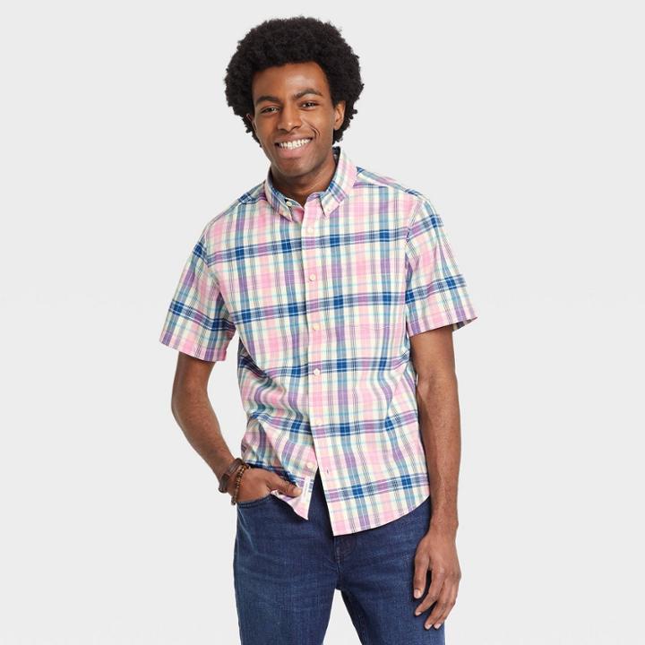Men's Plaid Standard Fit Short Sleeve Button-down Shirt - Goodfellow & Co Lily White/plaid