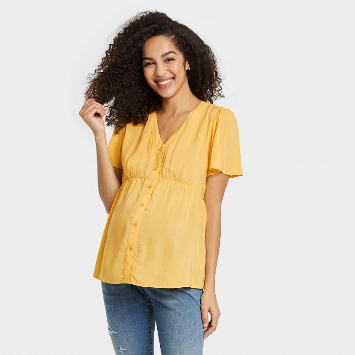 Short Sleeve V-neck Button-front Woven Maternity Shirt - Isabel Maternity By Ingrid & Isabel Yellow