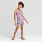 Girls' Floral Print Knit Romper - Cat & Jack Neon Pink