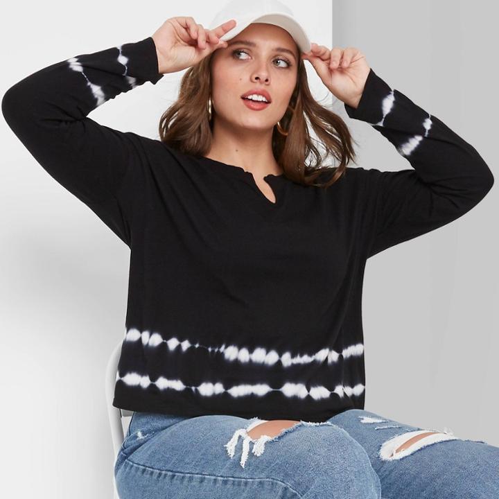 Women's Plus Size Long Sleeve V-neck Notch Font Cropped Boxy T-shirt - Wild Fable Black Tie-dye