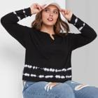 Women's Plus Size Long Sleeve V-neck Notch Font Cropped Boxy T-shirt - Wild Fable Black Tie-dye