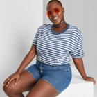 Women's Plus Size Striped Rolled Short Sleeve Cropped T-shirt - Wild Fable Blue 1x, Women's,