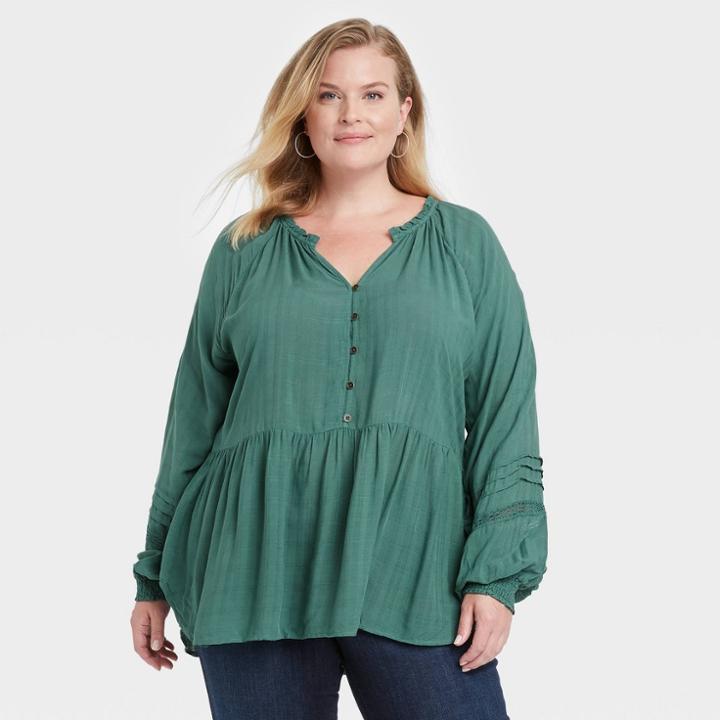 Women's Plus Size Long Sleeve Button-front Blouse - Knox Rose Green