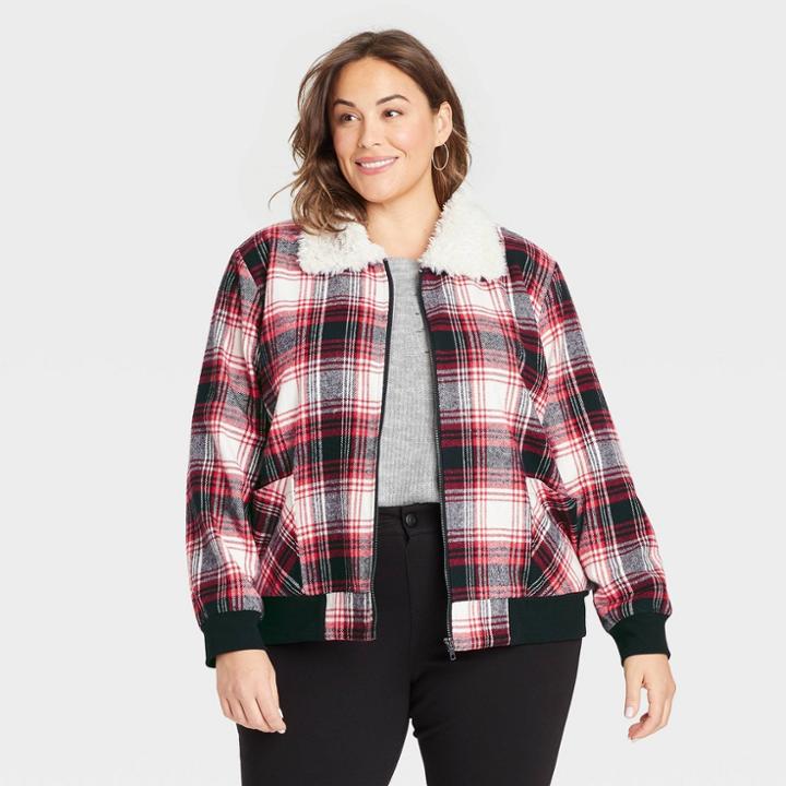 Women's Plus Size Zip-front Sherpa Jacket - Knox Rose Red Plaid