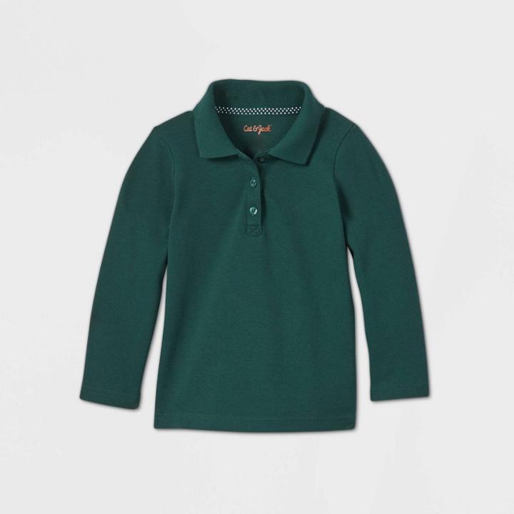 Toddler Girls' Long Sleeve Interlock Uniform Polo Shirt - Cat & Jack Dark Green