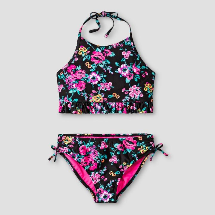 Girls' Bikini Set High Neck Floral Print - Xhilaration Black