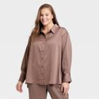 Women's Plus Size Long Sleeve Satin Shirt - A New Day Brown