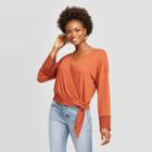 Women's Long Sleeve V-neck Lace Trim Wrap Knit Top - Xhilaration Rust Xs, Women's, Orange