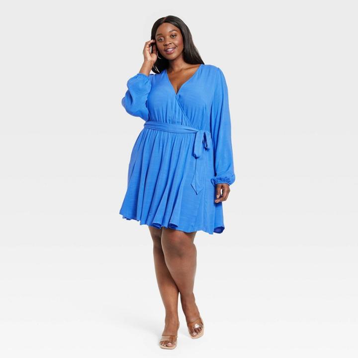 Women's Plus Size Balloon Long Sleeve Woven Dress - Ava & Viv Blue