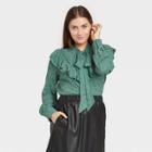 Women's Paisley Print Ruffle Long Sleeve Dramatic Blouse - A New Day Green