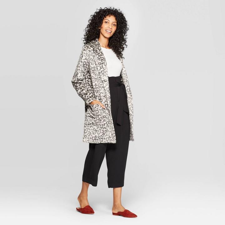 Women's Leopard Print Casual Fit Long Sleeve Coatigan - A New Day Gray L, Women's,