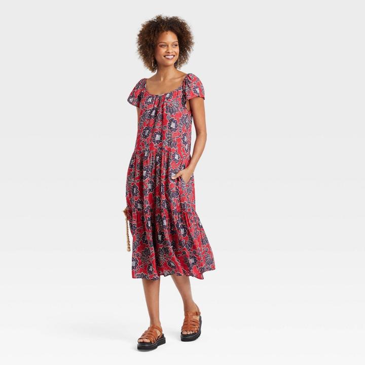 Women's Flutter Short Sleeve A-line Dress - Knox Rose Red Floral