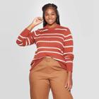 Women's Plus Size Striped Long Sleeve Crewneck Pullover Sweater - Ava & Viv Brown/cream 3x, Women's, Size: 3xl, Brown/ivory