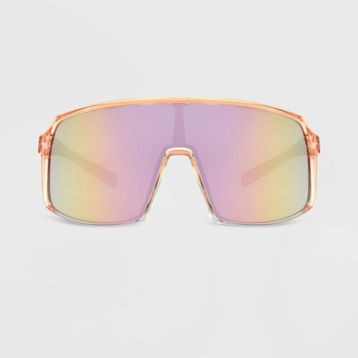 All In Motion Women's Shiny Crystal Plastic Shield Sunglasses With Pink Lenses - All In