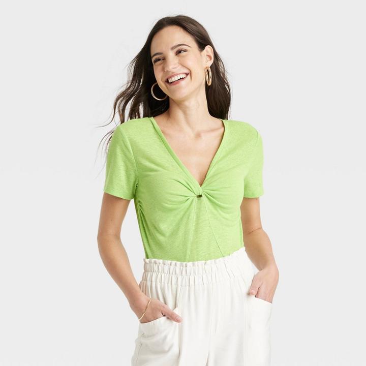 Women's Short Sleeve V-neck Linen T-shirt - A New Day
