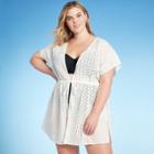 Women's Plus Size Tie-front Eyelet Crochet Cover Up Dress - Kona Sol White