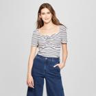 Women's Striped Short Puff Sleeve Square Neck Top - Who What Wear Navy/cream M, Blue/cream