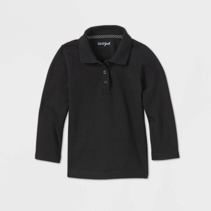 Toddler Girls' Long Sleeve Interlock Uniform Polo Shirt - Cat & Jack Black