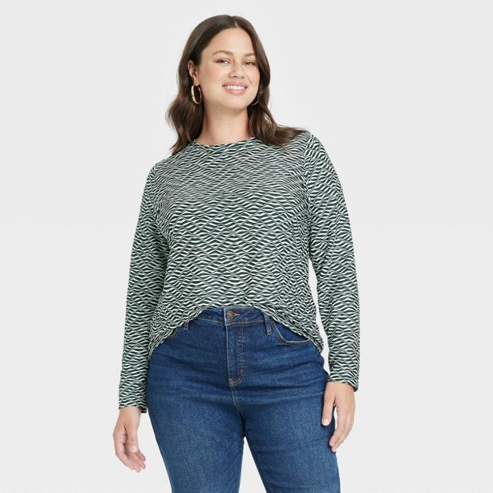 Women's Plus Size Long Sleeve Slim Fit Jacquard T-shirt - Ava & Viv Green