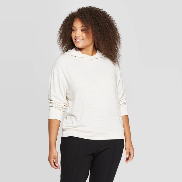 Women's Plus Size Striped Long Sleeve Hooded Snit T-shirt - A New Day Oatmeal