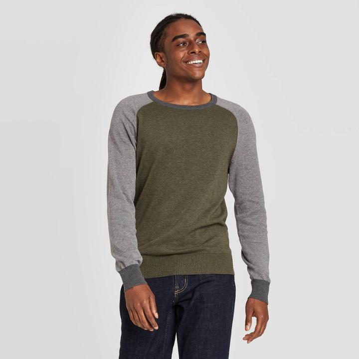 Men's Colorblock Regular Fit Crew Neck Sweater - Goodfellow & Co Olive Heather