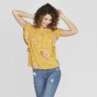 Women's Floral Print Flutter Short Sleeve Round Neck Knit Top - Xhilaration Mustard