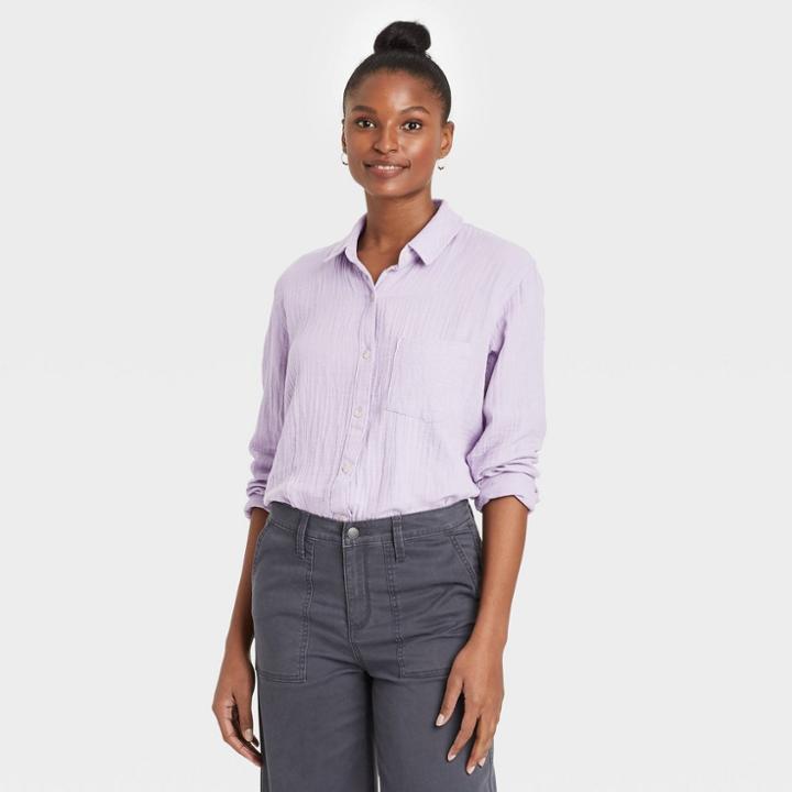 Women's Long Sleeve Gauze Button-down Shirt - Universal Thread Violet