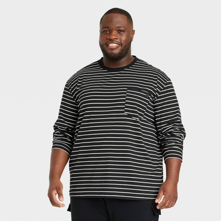 Men's Big & Tall Classic Fit Scoop Neck Long Sleeve T-shirt - Goodfellow & Co Black/striped